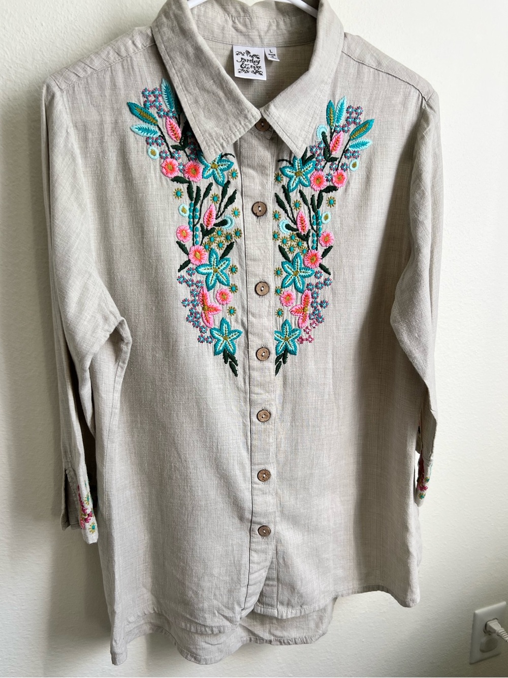 Parsley & Sage Beige Button-Down Shirt with Pink & Teal Embroidery
